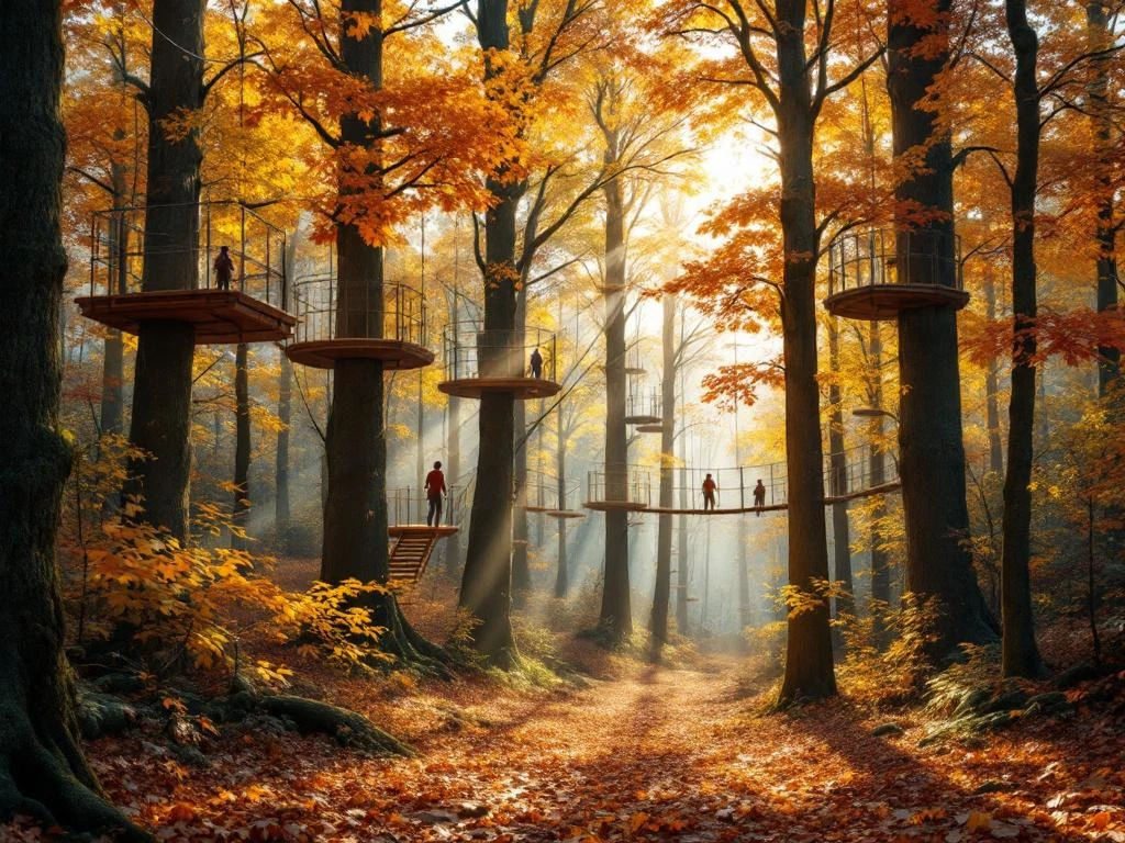 Boomklimpark in Nederlands herfstbos met houten platforms, touwbruggen en goudkleurige bladeren in zonlicht