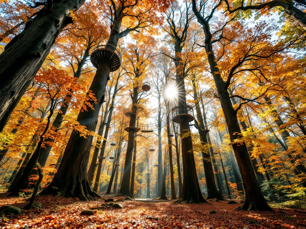 Herfstbos in Nederland met klimbaan tussen eiken en beuken met oranje en gouden bladeren in zonlicht