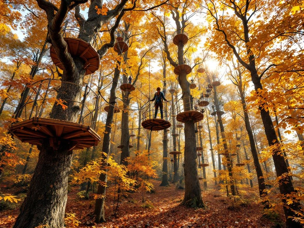 Klimbos met houten platforms en touwbruggen tussen hoge bomen in Nederlandse herfstbos met gouden bladeren