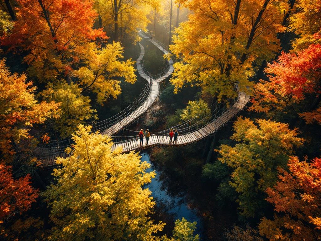 Luchtfoto van een klimbos parcours tussen herfstbomen met gouden, oranje en rode bladeren in Nederlandse bossen