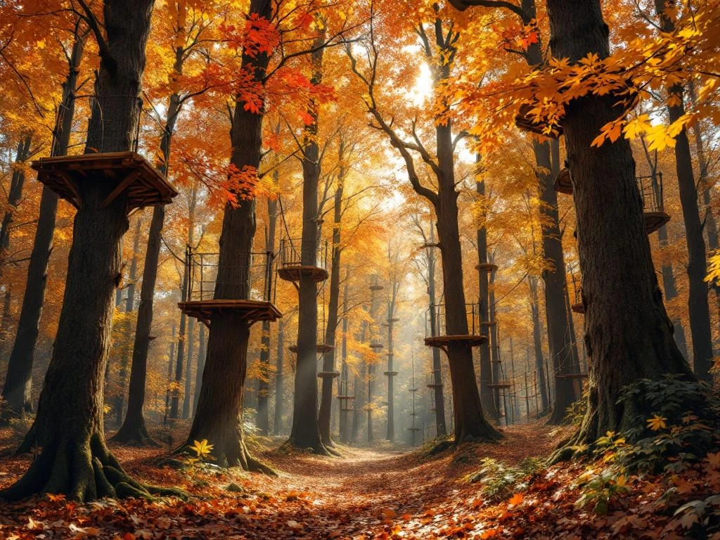 Herfstbos in Nederland met klimbaan tussen hoge bomen met oranje en gouden bladeren, zonlicht door bladerdek