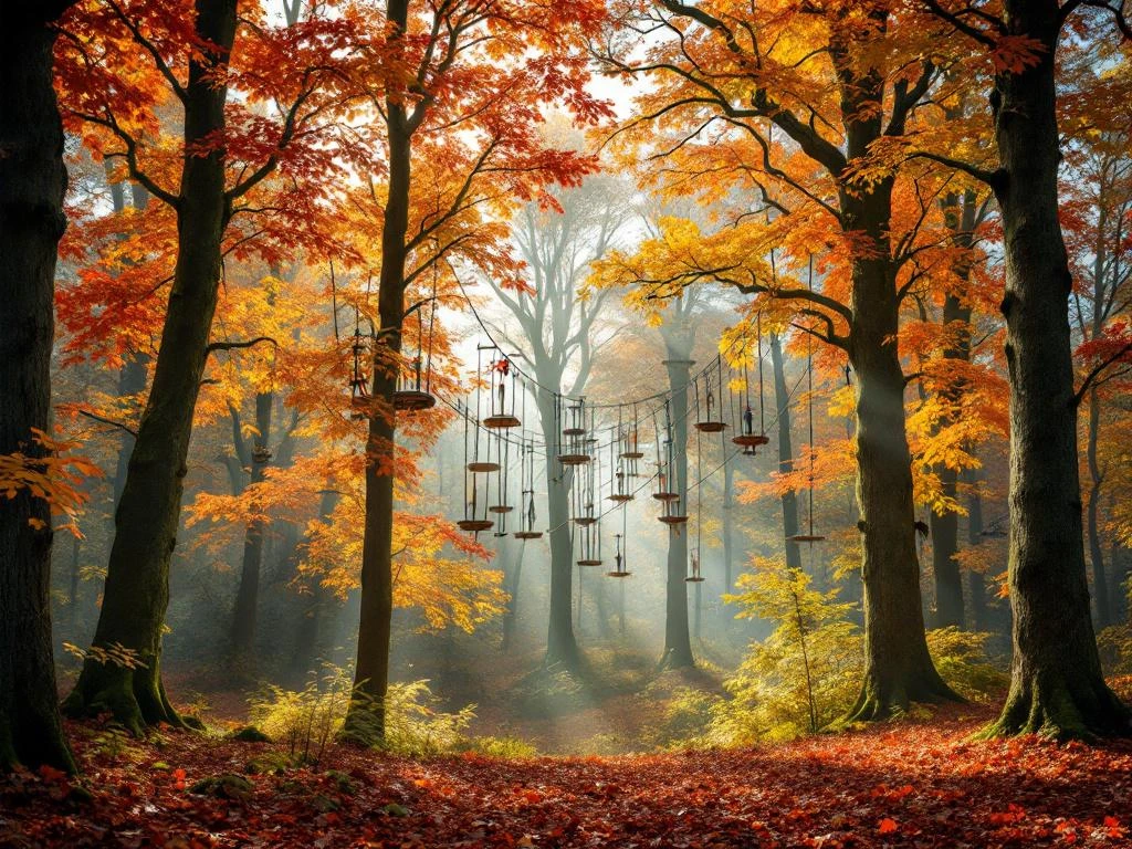 Treetop klimpark in Nederlands herfstbos met touwbruggen tussen bomen met oranje en gouden bladeren