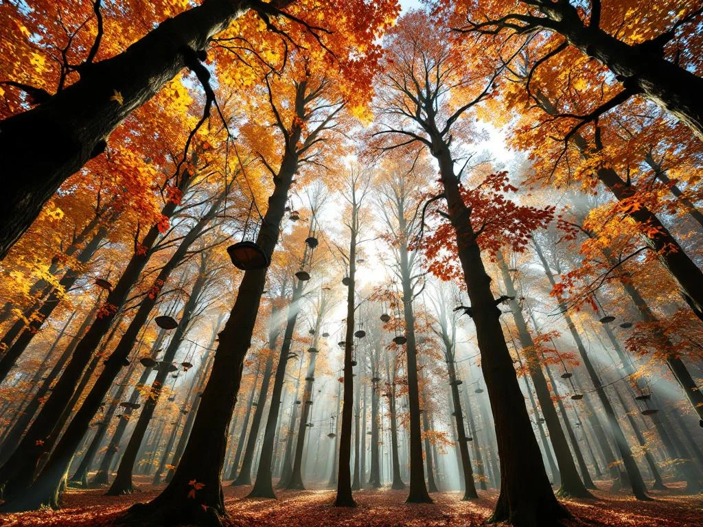 Avonturenparcours met touwbruggen en ziplines tussen hoge bomen met oranje en gouden herfstbladeren in Nederlands bos