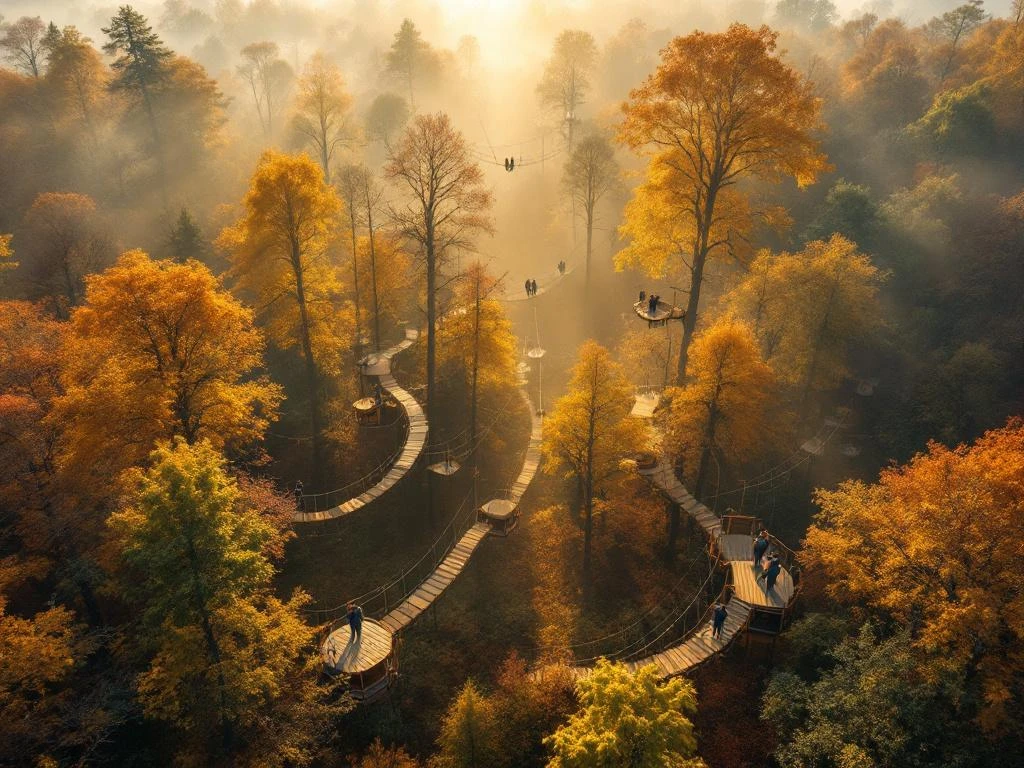 Luchtfoto van Nederlands avonturenpark in herfstbos met klimbanen, touwtjes en vrienden tussen gouden bomen