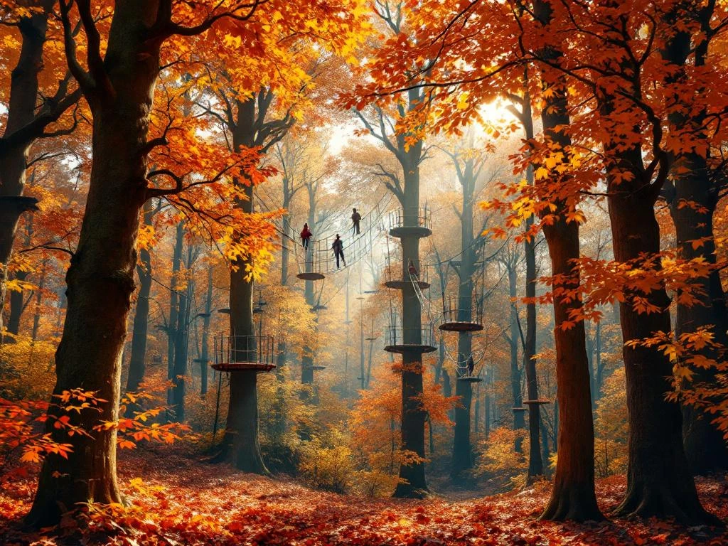 Klimbos in Overijssels bos met touwbruggen tussen bomen met herfstbladeren in oranje, rood en goud tinten