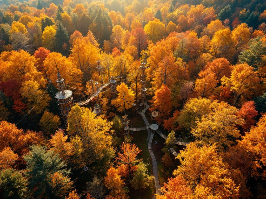 Luchtfoto van Nederlands avonturenpark in herfstbos met klim- en touwparcours tussen gouden bladeren