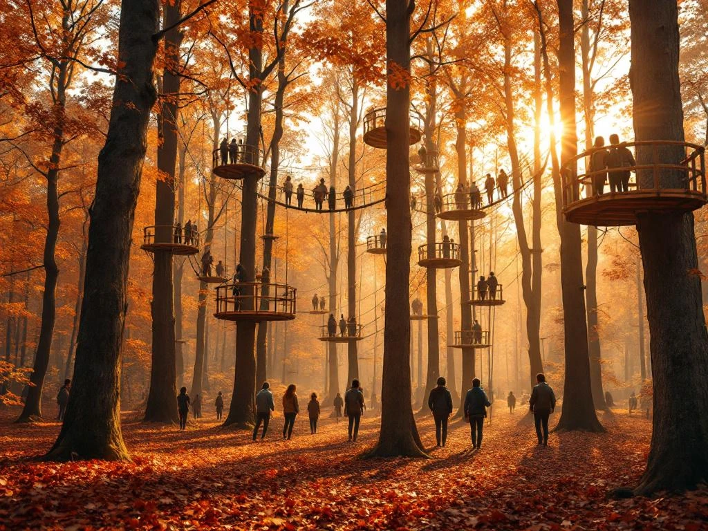 Diverse groepen mensen op houten klimparcours tussen bomen met gouden herfstbladeren in Nederlands bos