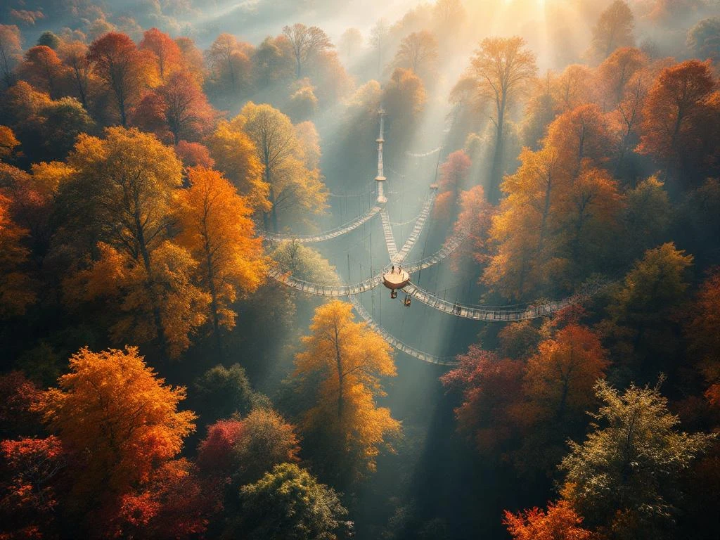 Luchtfoto van Nederlands bos in herfstkleuren met touwbruggen en klimplatforms voor teambuilding avonturen