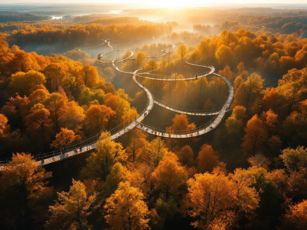 Luchtfoto van boomtopklimpark in Nederlands herfstbos met gouden bladeren en touwbruggen tussen de bomen