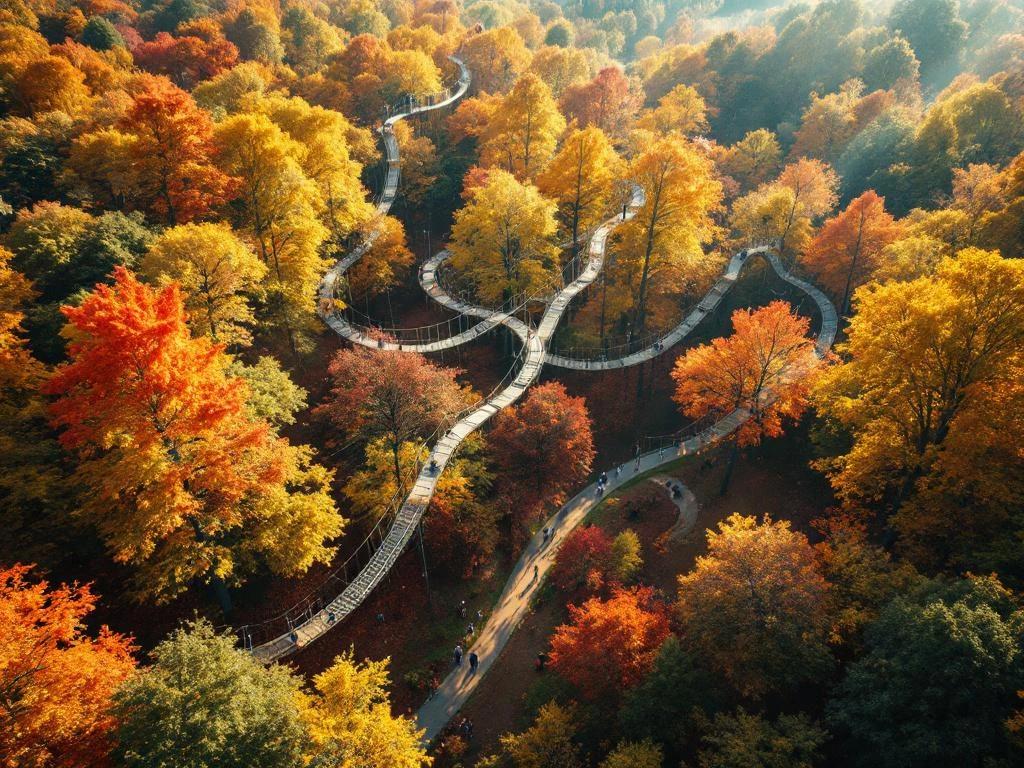 Luchtfoto van Nederlandse boomtop avonturenpark in herfst met klimkoersen tussen gouden eiken en beuken in Overijssel