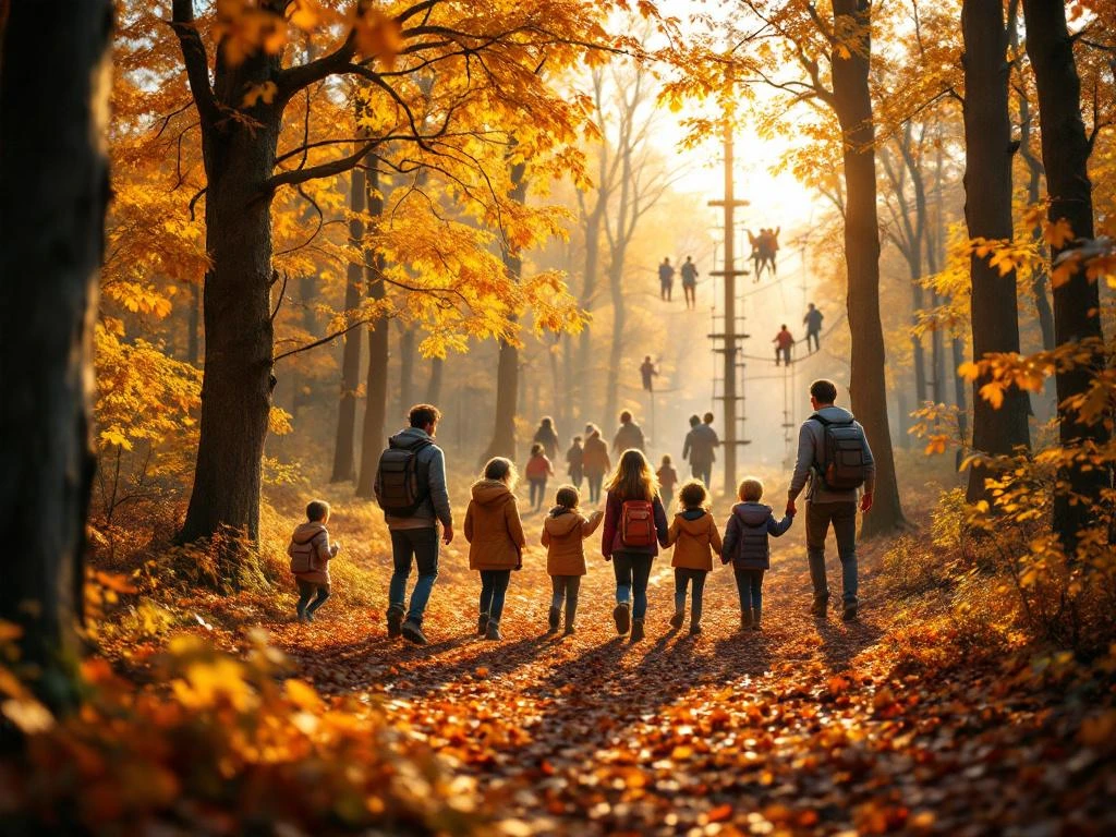 Diverse families genieten van buitenactiviteiten in herfstbos met klimbomen en avonturenpark in Overijssel