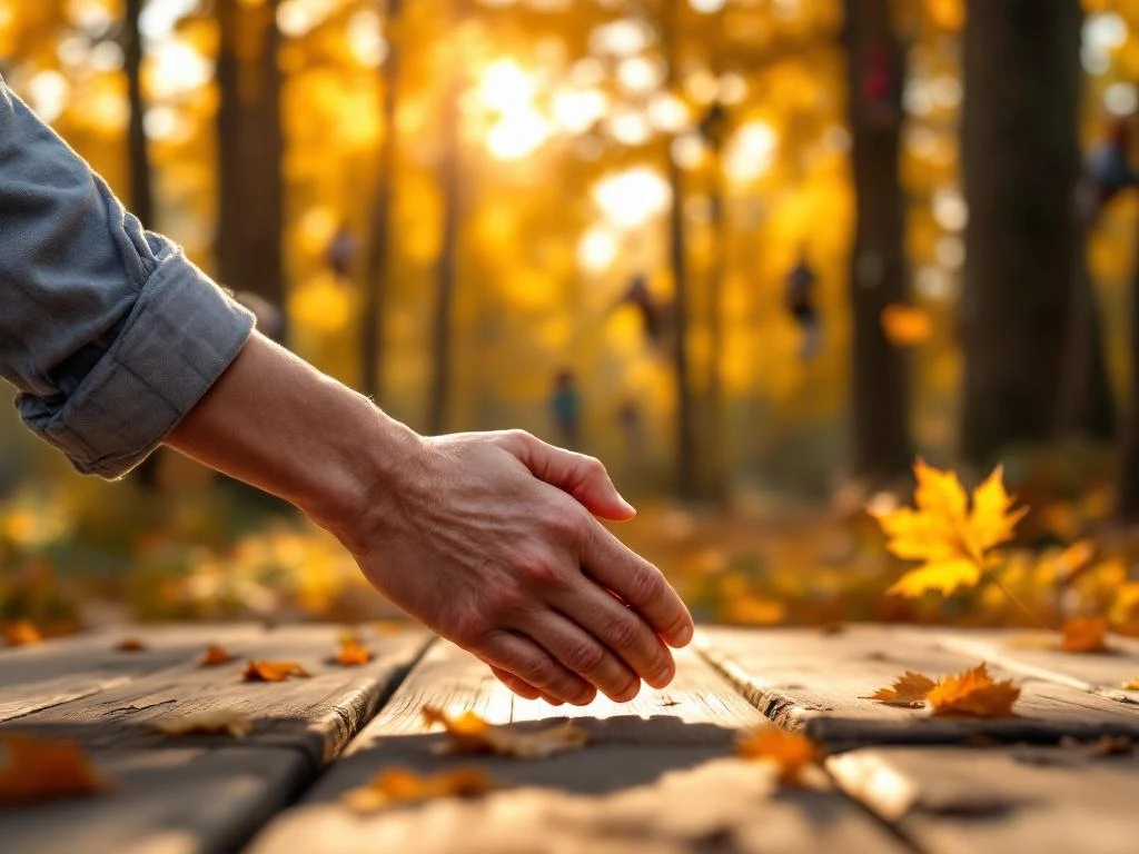 Handen van verschillende generaties samen op houten picknicktafel in Nederlands herfstbos met gouden bladeren