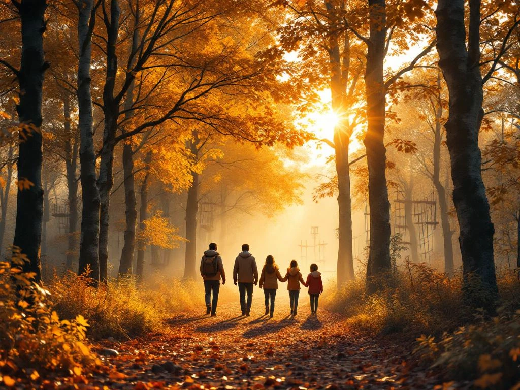 Familie silhouetten wandelen door mistig herfstbos met gouden berken en eiken in Overijssel, Nederland