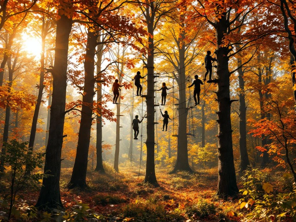 Familie klimt door boomtoppen in herfstbos met touwbruggen, gouden bladeren en warm zonlicht in Nederlandse natuur