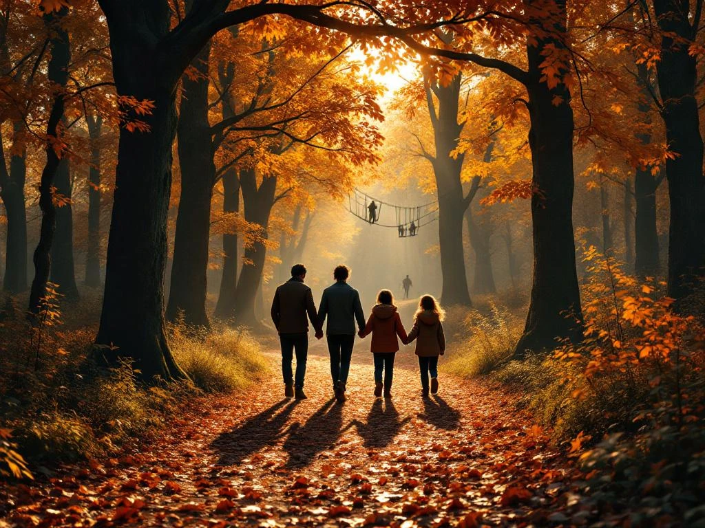 Familie van vier loopt hand in hand over bospad met herfstbladeren in Nederlandse bossen met avontuurparcours