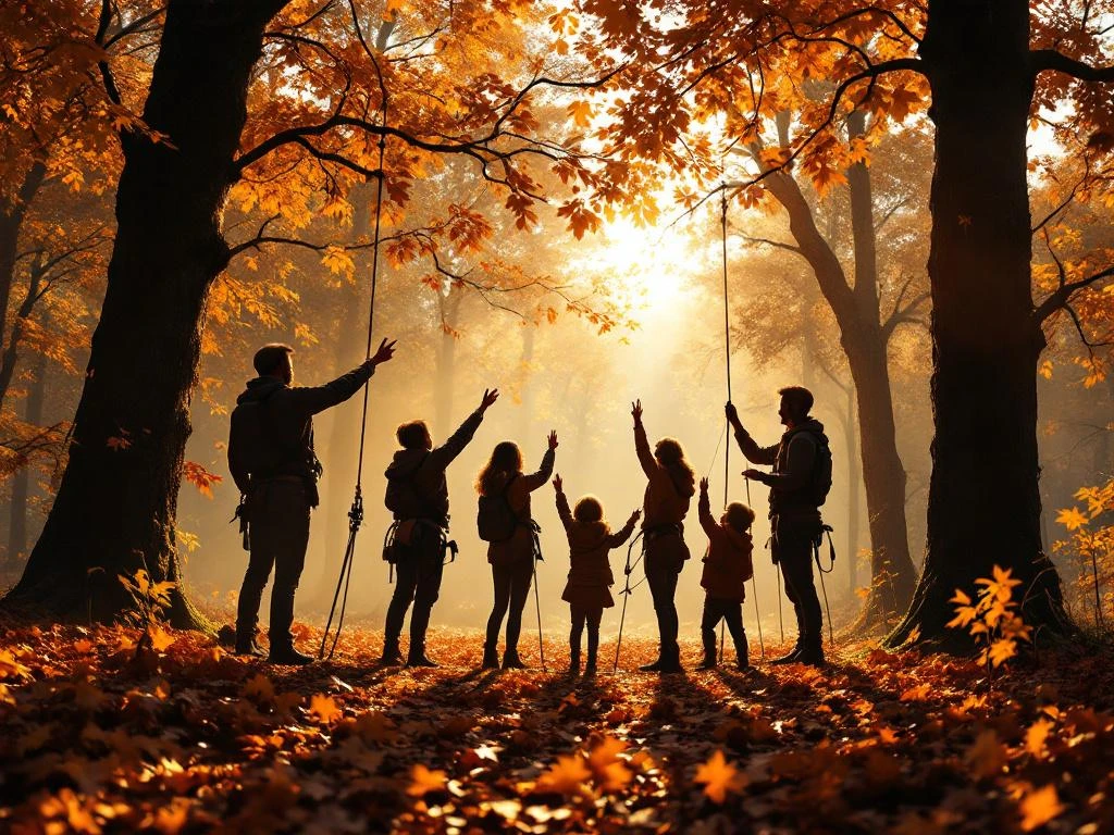 Familie silhouetten bouwen houten touwbrug tussen eikenbomen in herfstbos met gouden zonlicht door oranje bladeren