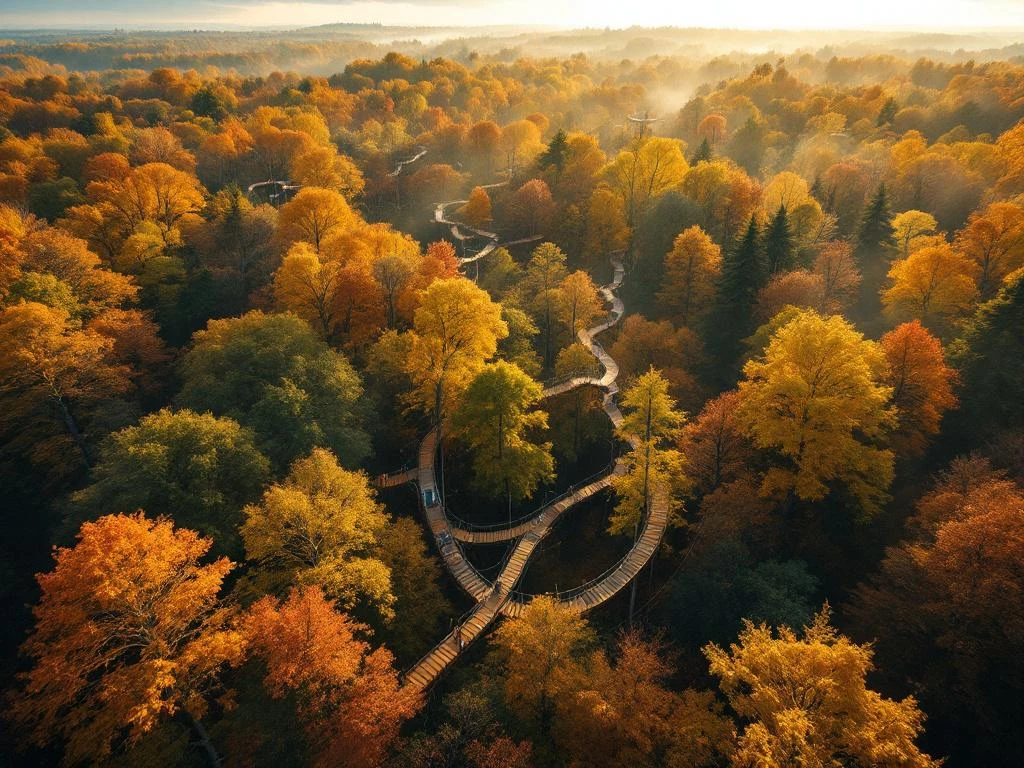 Luchtfoto van Nederlands herfstbos met gouden bladeren, houten loopbruggen tussen bomen en avontuurlijke klimelementen