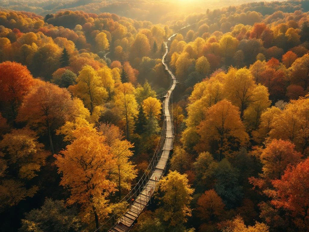 Luchtfoto van Nederlands herfstbos met gouden bladeren en houten klimparcours tussen eiken en beuken
