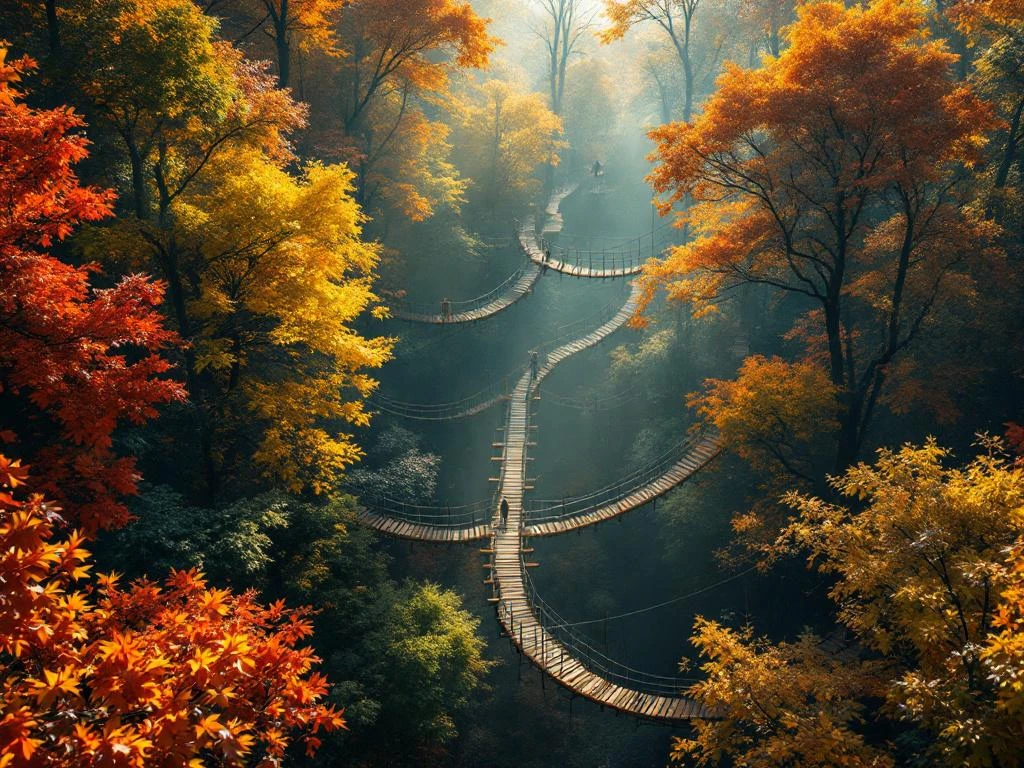 Luchtfoto van Nederlands herfstbos met klimbaan, touwbruggen en ziplines tussen kleurrijke bomen in goud en oranje