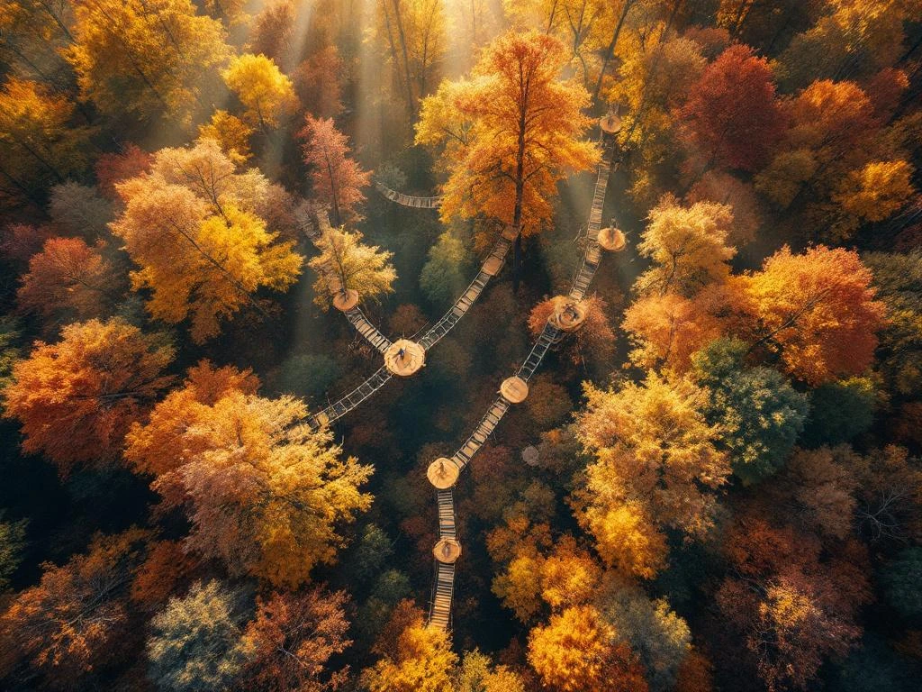Luchtfoto van Nederlands herfstbos met oranje bladeren en houten klimparcours tussen de bomen