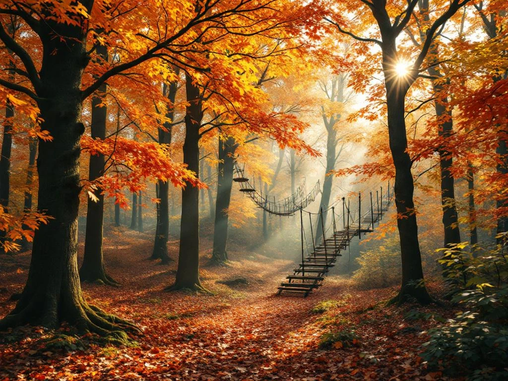 Herfstbos in Nederland met oranje en gouden bladeren, zonlicht en avontuurlijke klimelementen voor gezinnen