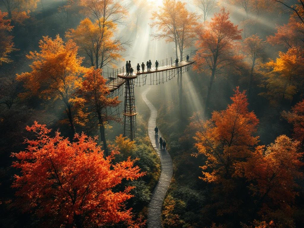Luchtfoto van Nederlands herfstbos met oranje en gouden bladeren, houten avonturenpark en families op bospad