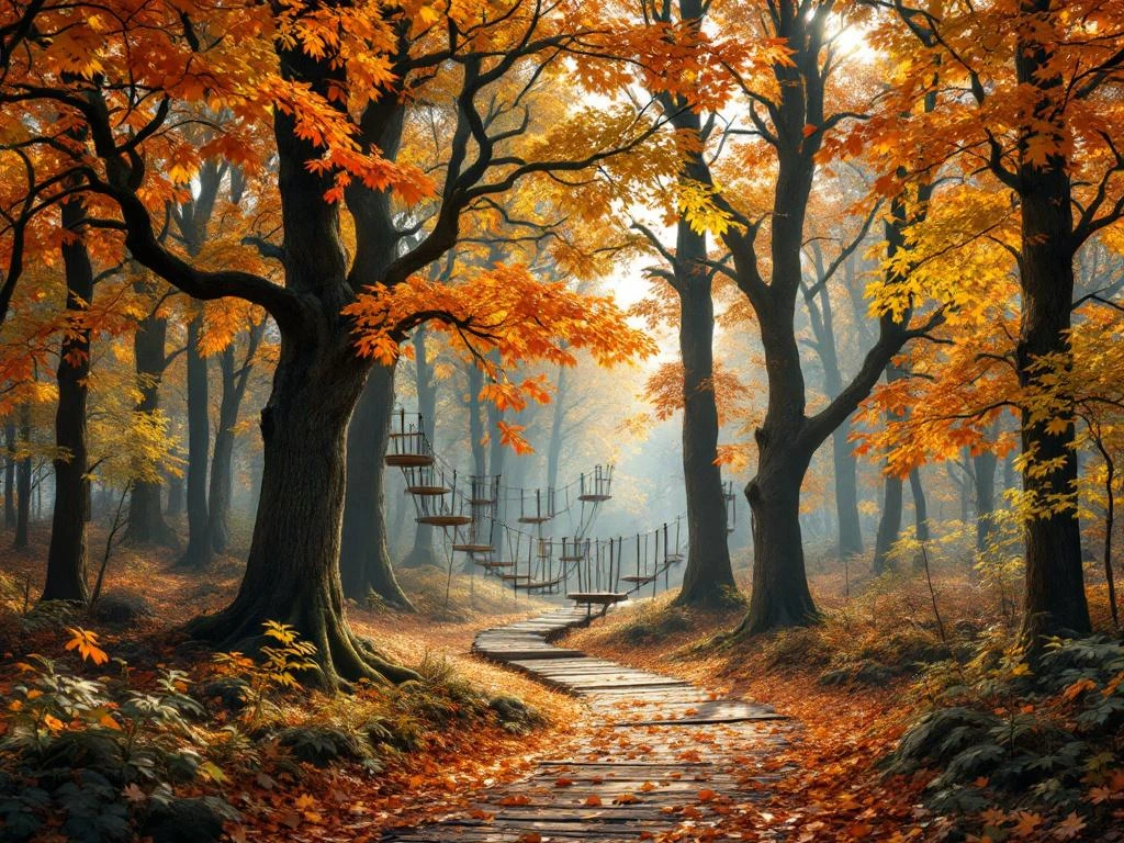 Herfstbos met gouden bladeren en houten avonturenpark tussen eiken en beuken in Nederlandse natuur