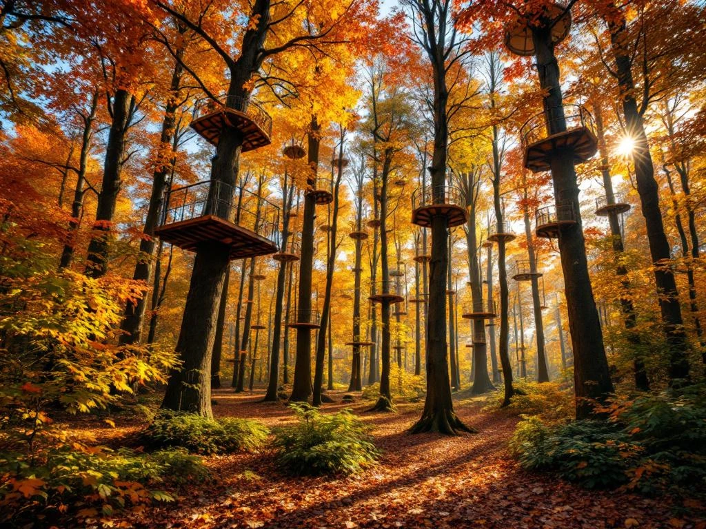 Boomklimpark in Nederlands herfstbos met gouden bladeren, houten platforms en touwbruggen tussen de bomen