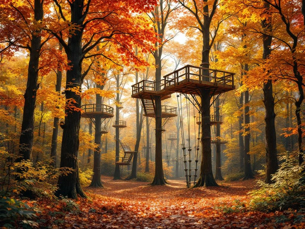 Boomklimpark in Nederlands herfstbos met houten platforms en touwbruggen tussen kleurrijke bomen met oranje en gouden bladeren