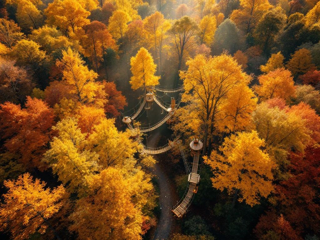 Luchtfoto van Nederlands herfstbos met houten klimparcours tussen gouden en oranje bladeren van eiken en beuken