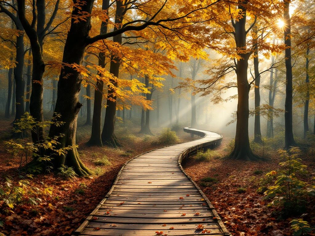 Herfstbos in Overijssel met gouden bladeren, houten wandelpad en mistig ochtendlicht door bomen