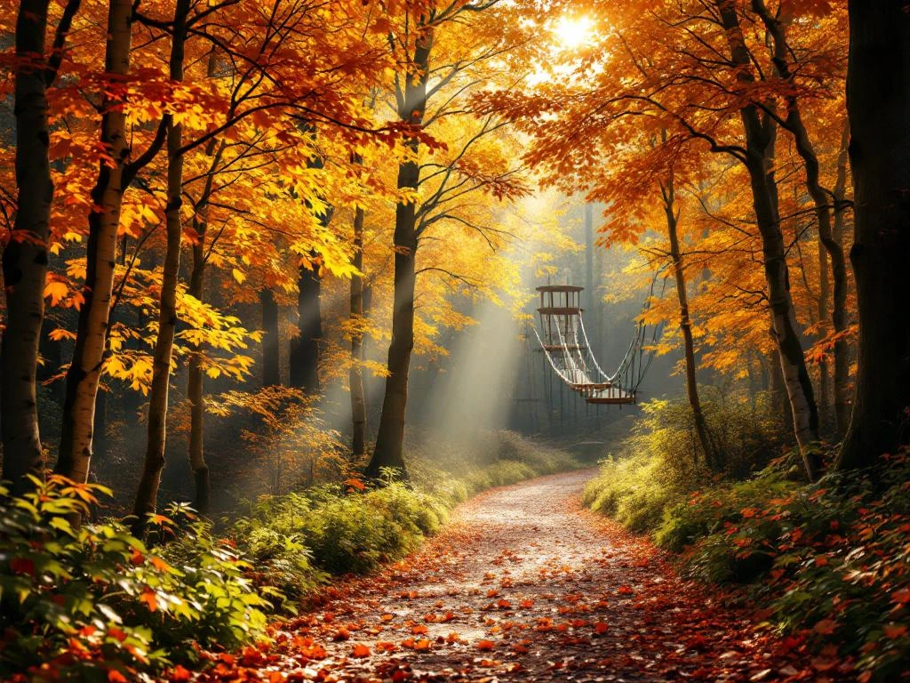 Kronkelend bospad door gouden berken en eiken met herfstbladeren, zonnestralen en avontuurlijke boombruggen op achtergrond