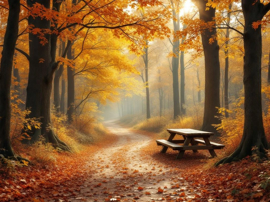 Bospad bedekt met gouden herfstbladeren tussen beuken en eiken, houten picknicktafel in Nederlands bos