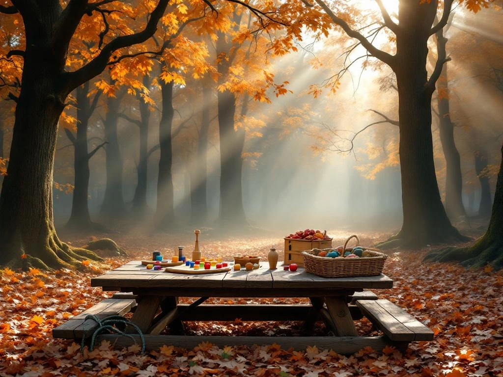 Herfstbos in Nederlandse natuur met picknickbank en spelletjes tussen goudkleurige bladeren en zonnestralen