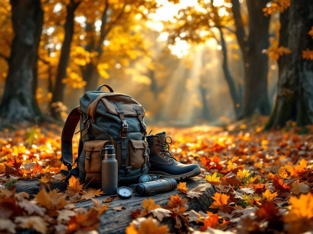 Herfstbos met goudgele bladeren en wandeluitrusting op boomstam, zonlicht filtert door bladerdak van eiken en beuken