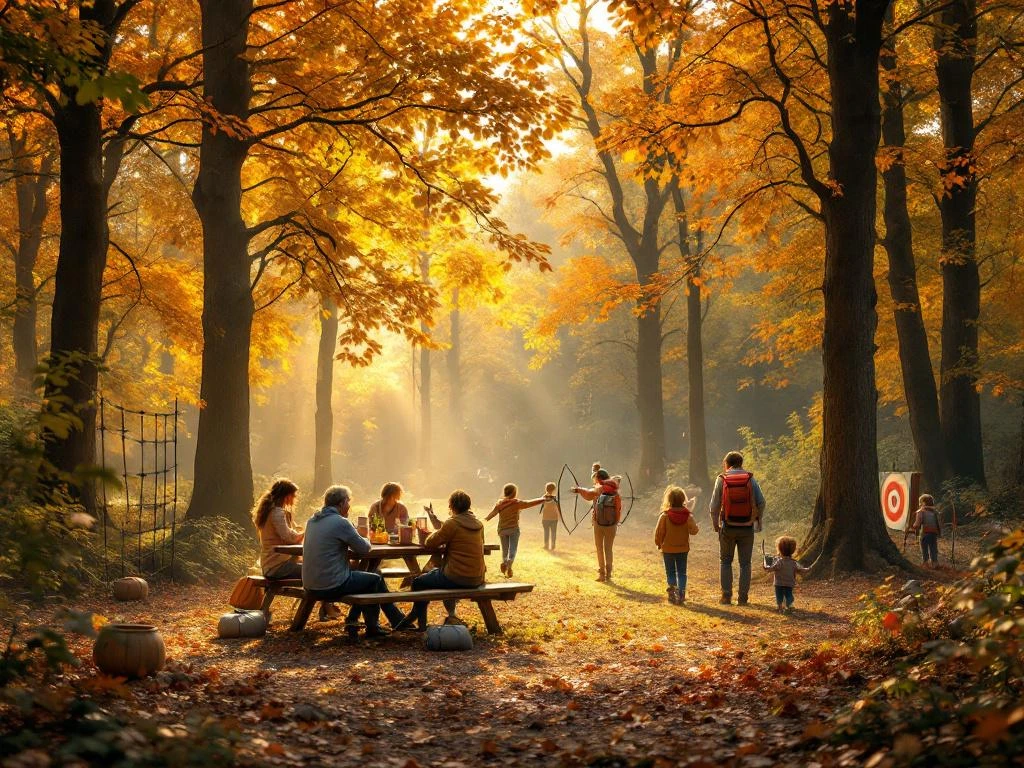 Multigenerationele familie geniet van buitenactiviteiten in herfstbos met gouden zonlicht door oranje bladeren in Nederland