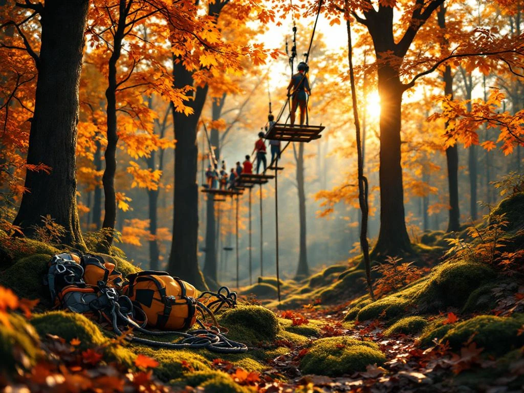 Klimuitrusting op bosbodem in Nederlandse herfstbos met oranje bladeren en touwbruggen tussen bomen