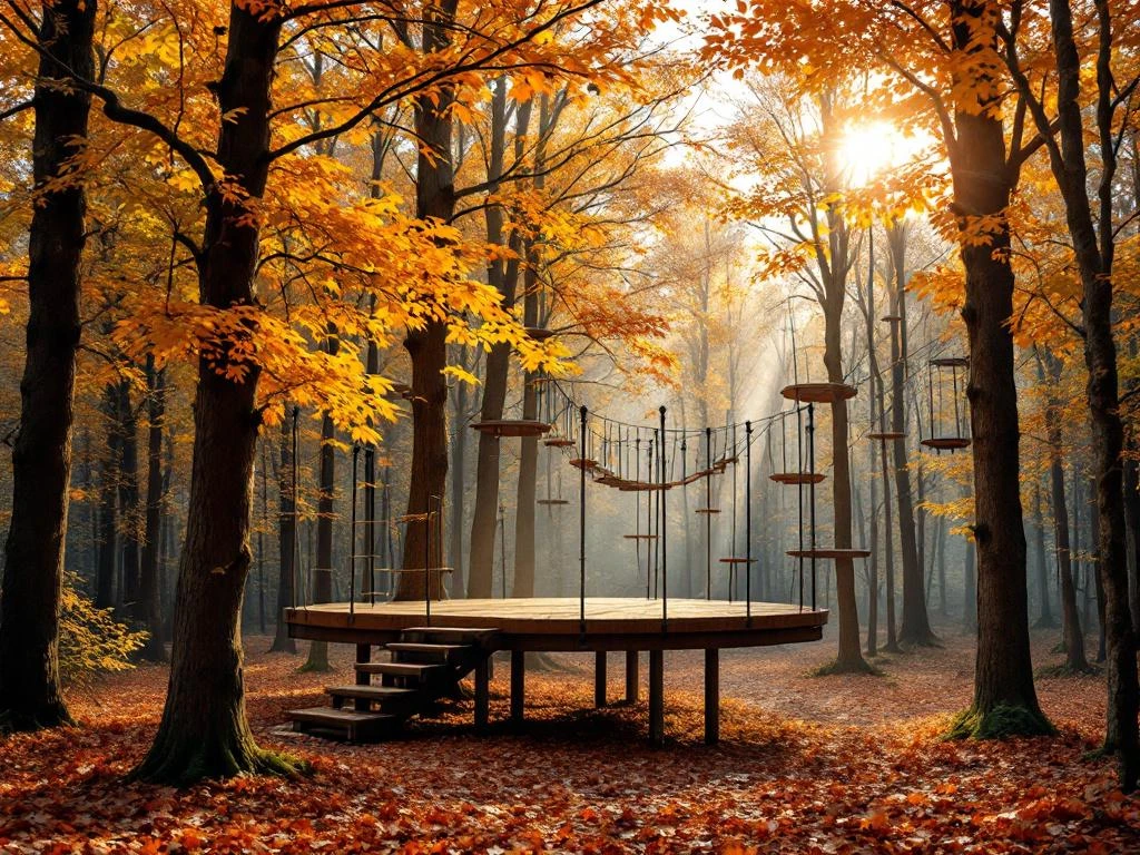 Houten avonturenpark platform tussen gouden herfstbomen in Nederlandse bossen met touwbruggen en klimtoestellen