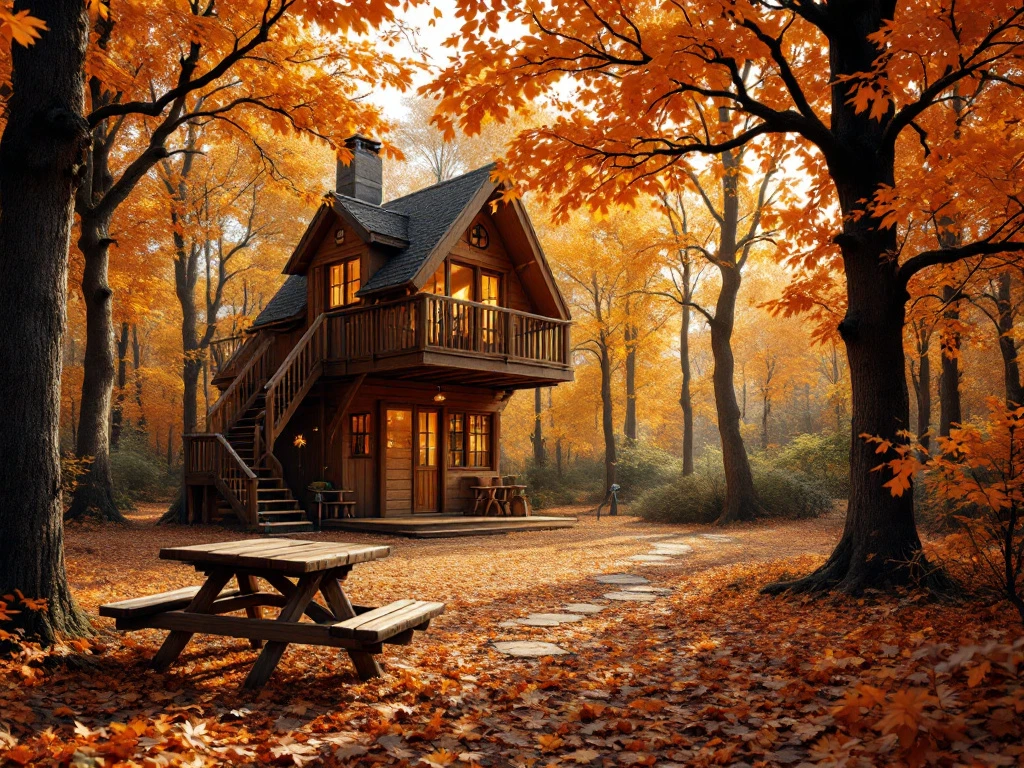 Houten klimtoestel tussen gouden herfstbomen in Nederlands landschap met picknickbank en avontuuruitrusting