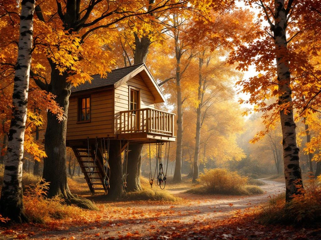 Houten klimboom tussen gouden berken en eiken in Nederlands herfstlandschap met avontuuruitrusting en gevallen bladeren