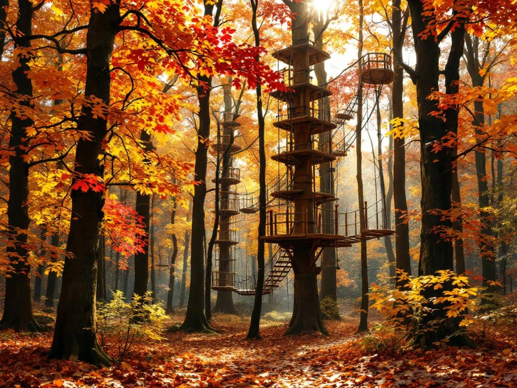 Houten klimbaan tussen bomen met herfstbladeren in oranje en goud tinten in Nederlands bos tijdens de herfst