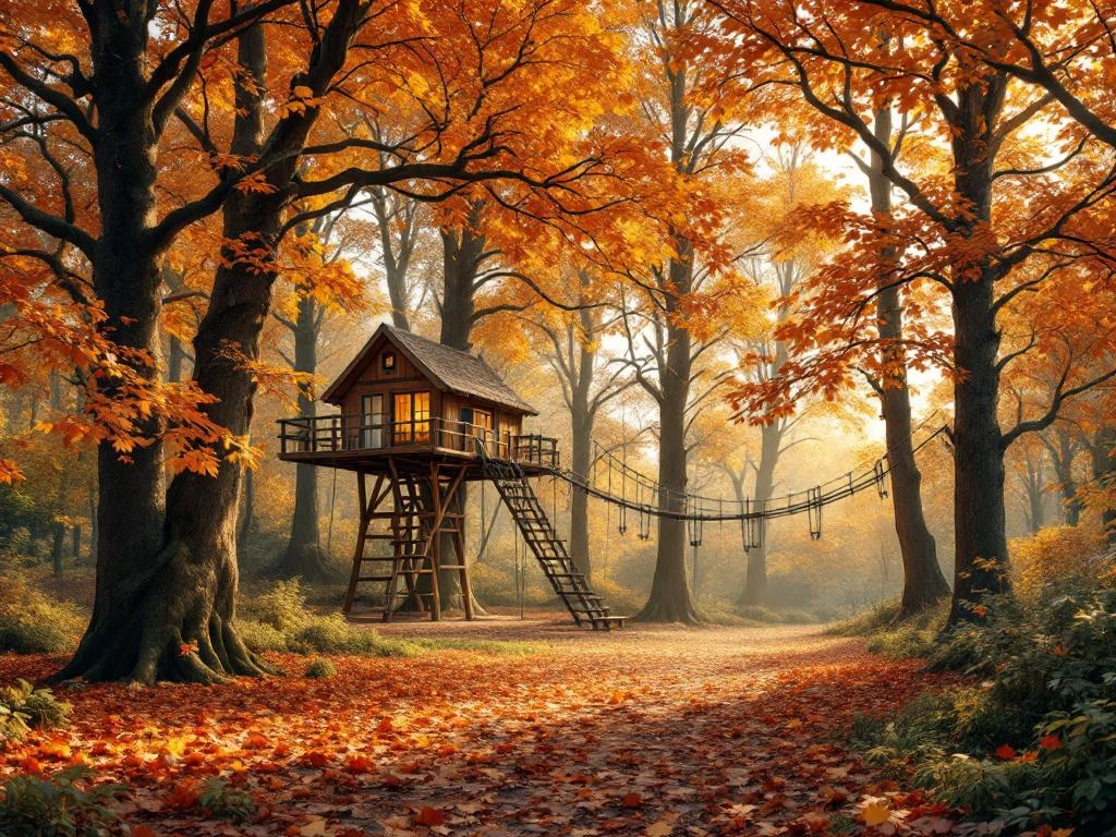 Houten klimstructuur tussen eikenbomen met herfstbladeren in oranje en goud tinten in Nederlands bos