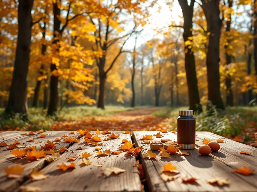 Houten picknicktafel met thermosfles en snacks tussen herfstbladeren in Overijssels bos met gouden bladeren