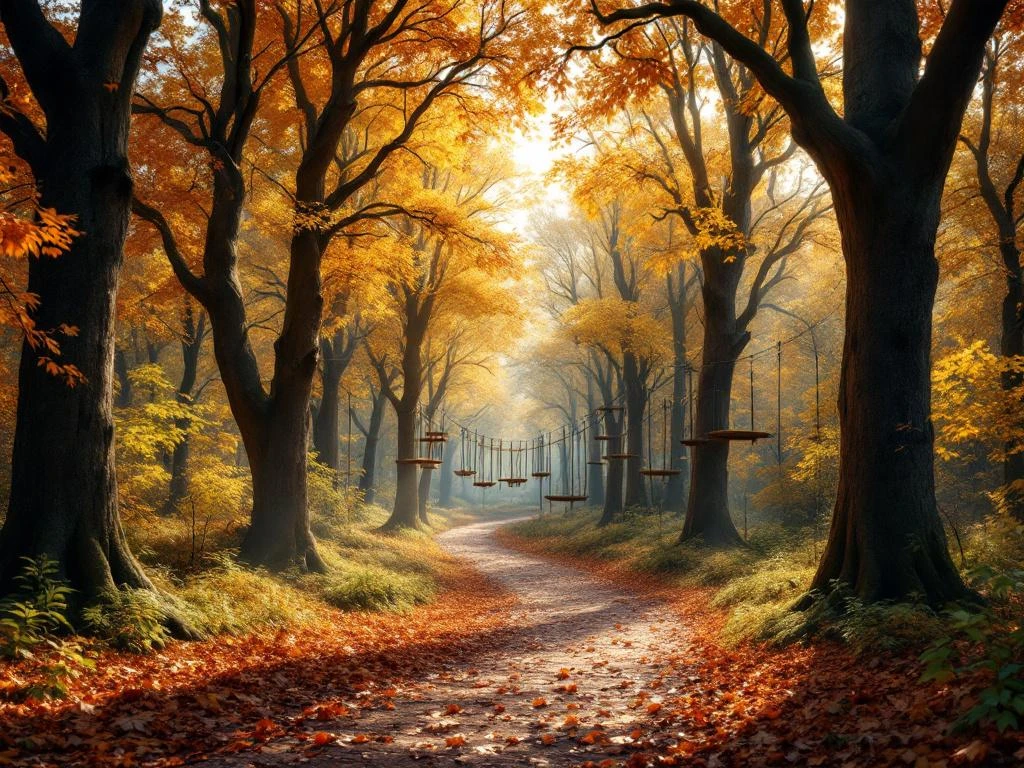 Herfstbos in Nederlandse natuur met avonturenpark tussen eiken en beuken, gouden bladeren en zonnestralen op bospad