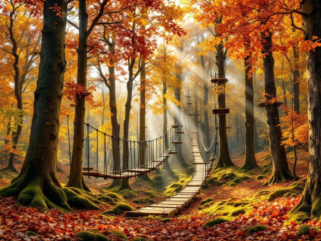 Herfstbos in Nederland met avonturenpark elementen tussen kleurrijke bomen met oranje en gouden bladeren