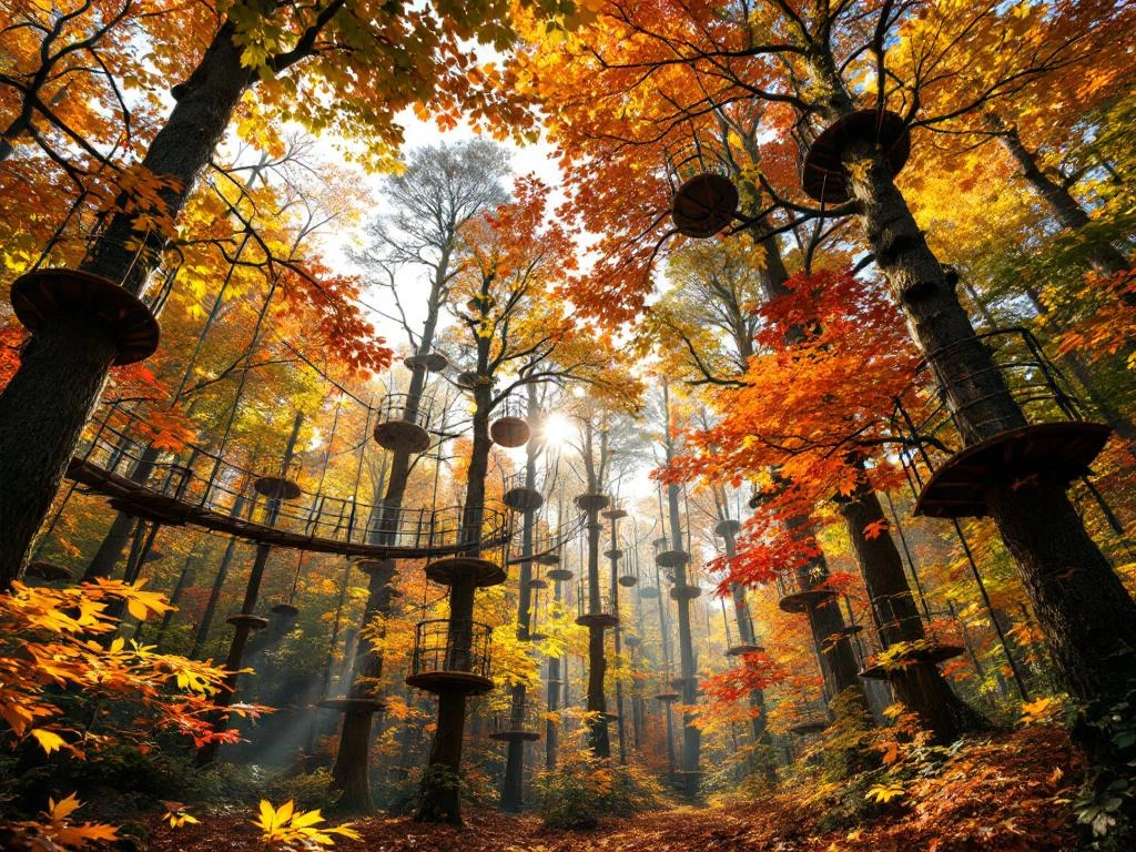 Herfstbos in Nederland met avontuurlijk klimparcours tussen boomtoppen vol oranje en gouden bladeren