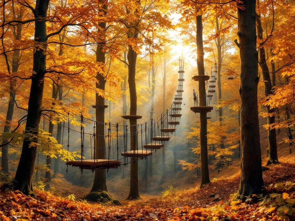 Herfstbos in Nederland met touwbruggen en klimparcours tussen gouden bladeren en hoge bomen