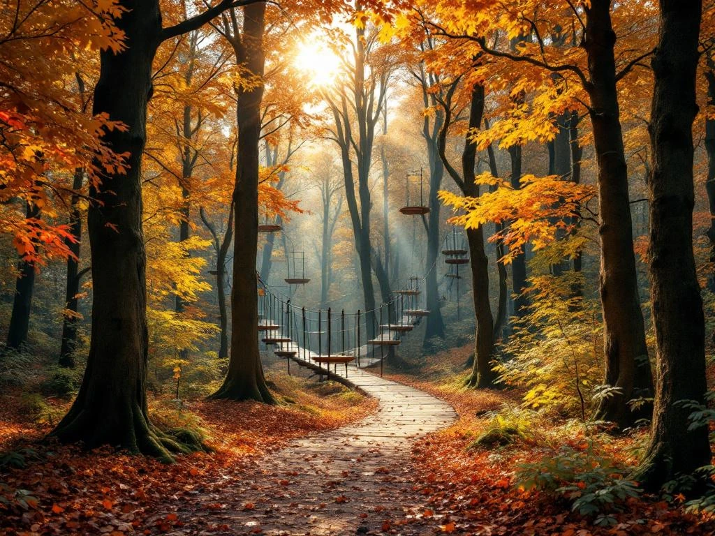 Herfstbos Nederland met gouden bladeren, zonnestralen en avonturenpark tussen bomen, wandelpad door kleurrijk gebladerte