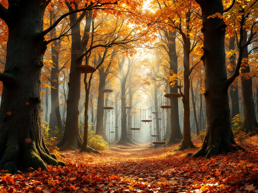 Herfstbos in Nederlandse natuur met klimbaan tussen bomen vol oranje en gouden bladeren in zonlicht