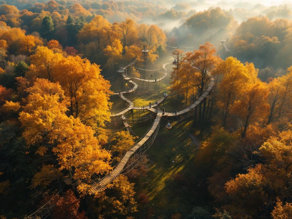 Luchtfoto van Nederlands herfstbos met gouden bladeren, houten loopbruggen en avontuurlijke klimparcours tussen eiken